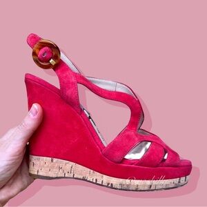 Prada Cherry Red Suede Cork Wedge Platform Heel Sandal VTG Vintage Sz 37